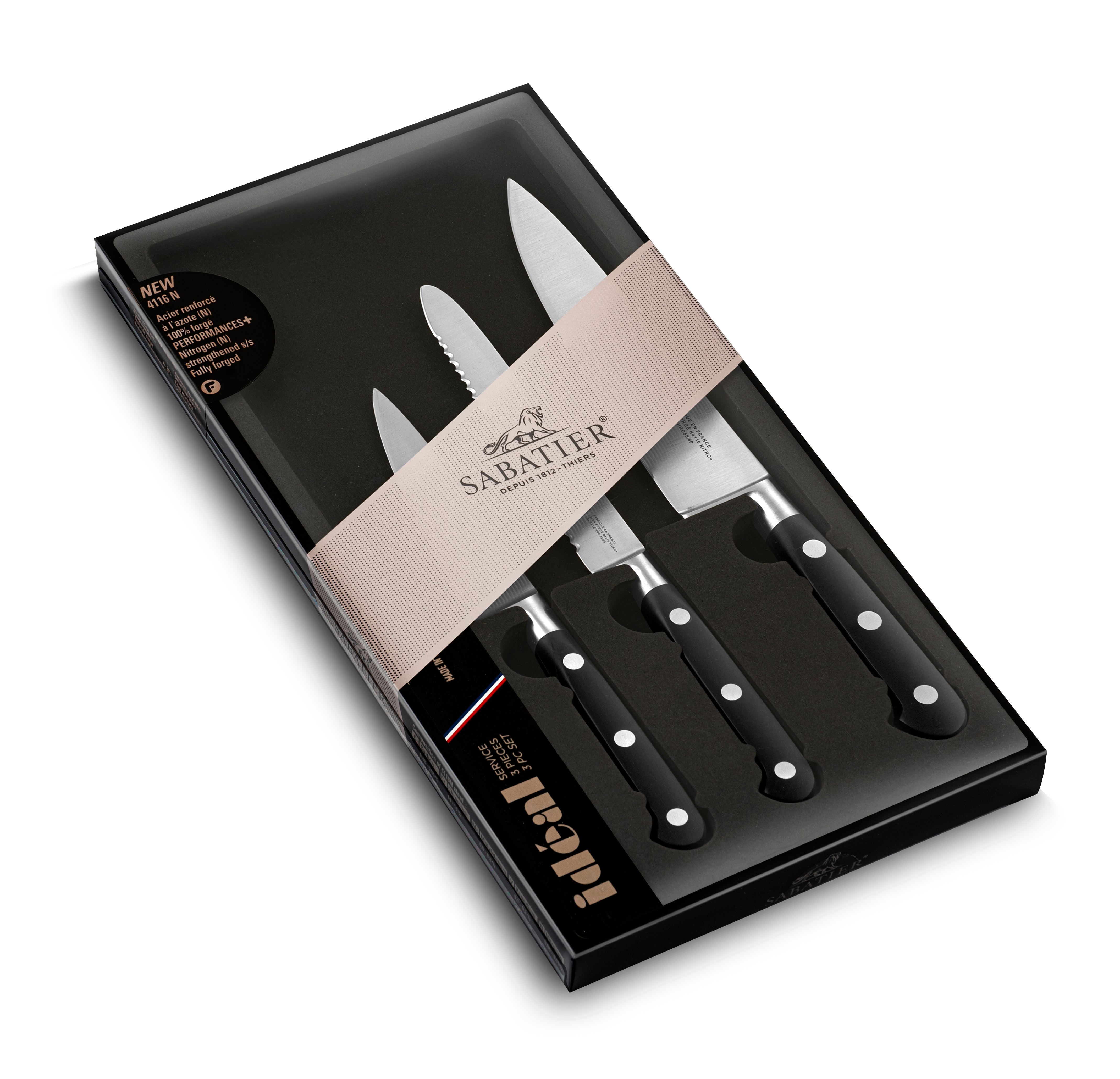Lion Sabatier 3pc 10cm Paring, 12cm Serrated Utility, 15cm Chefs Knife Set - Ideal Steel by Lion Sabatier