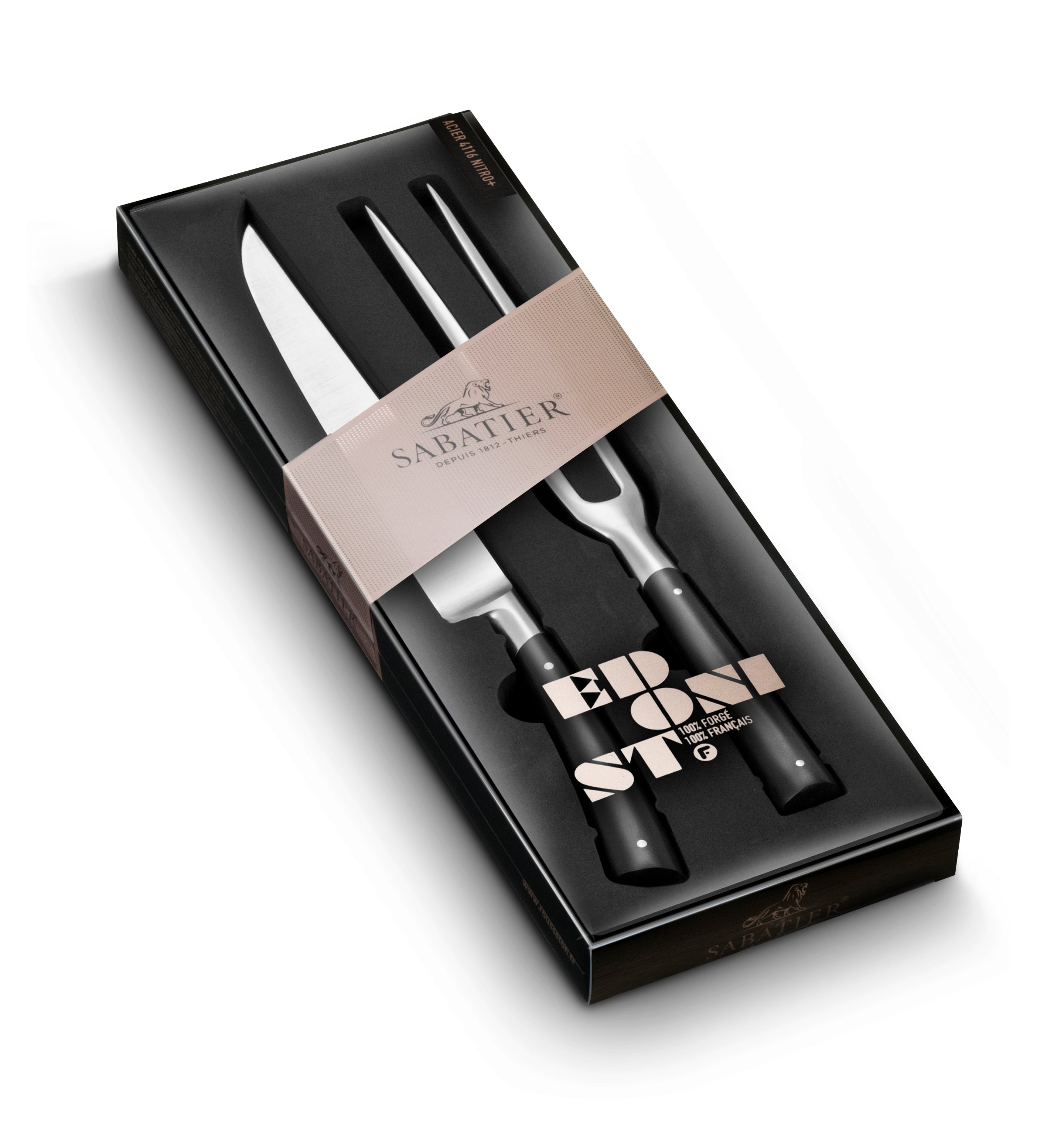 Lion Sabatier 2pc 16cm Carving Fork, 20cm Yatagan Knife Set - Edonist Black by Lion Sabatier